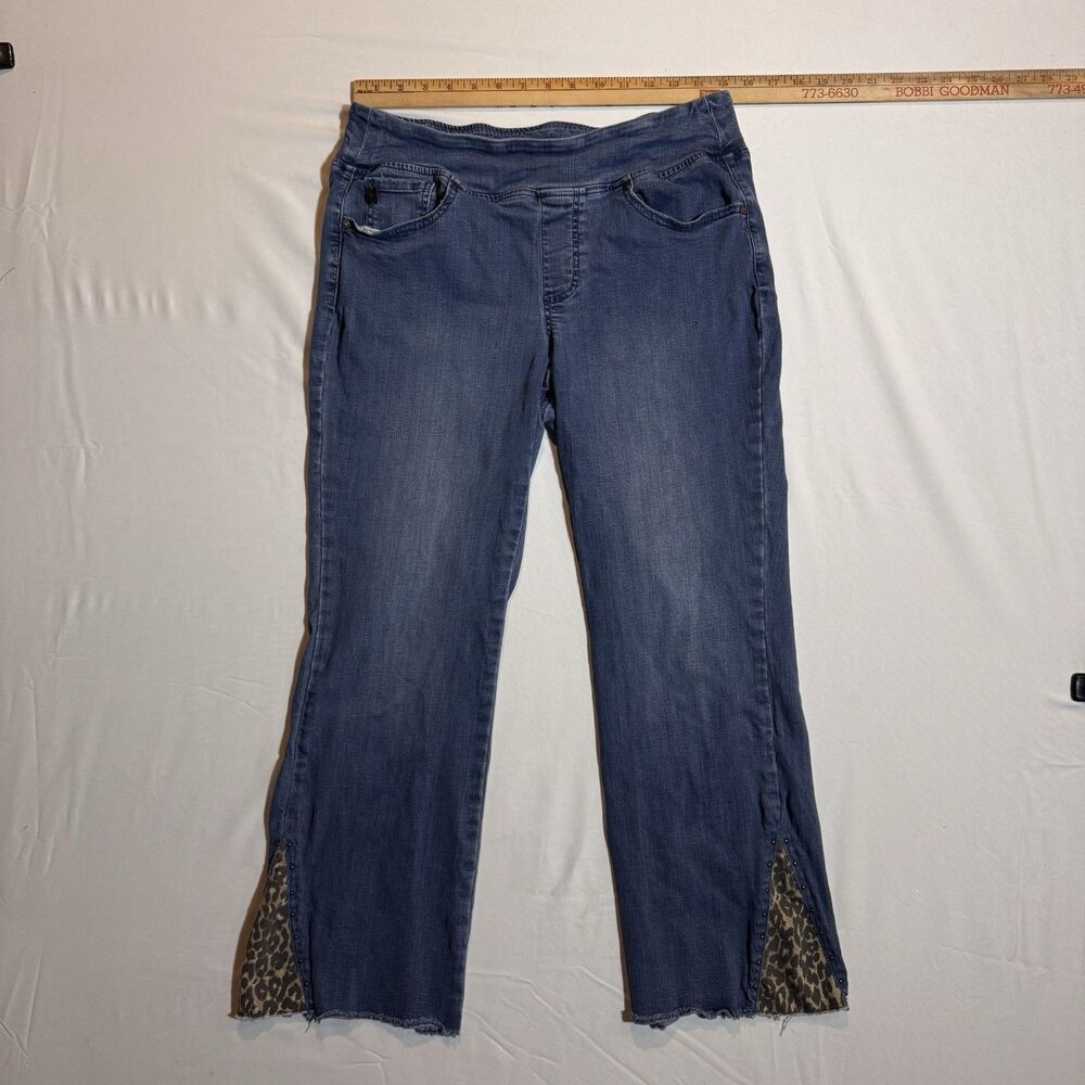 Belle Kim Gravel Denim Jeans Womens 12 Blue, Leopard Print Flare Bottoms Pull On
